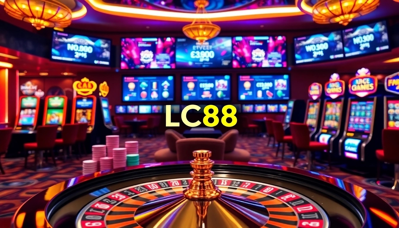 LC88 casino scene with roulette, poker chips, and vibrant slot machines.