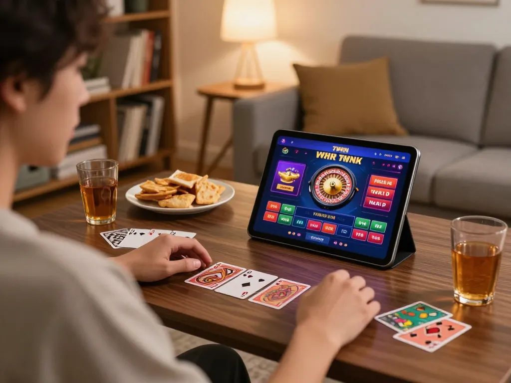 77WIN app interface showcased on tablet during engaging online gambling session at home