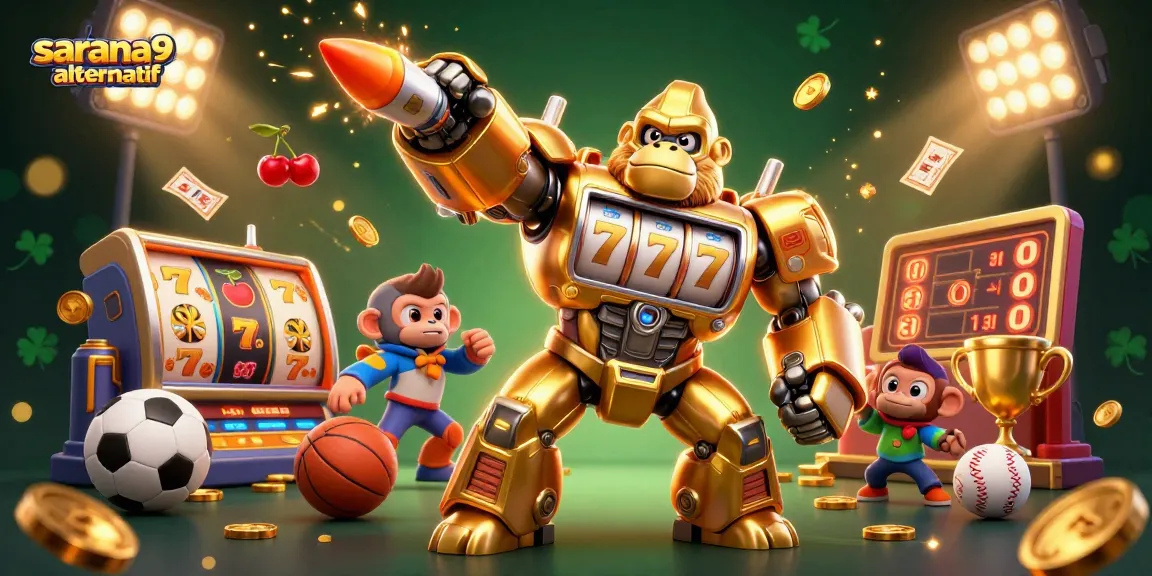 Sarana99 alternatif showcases a vibrant 3D slots-themed casino scene with dynamic elements and engaging characters.