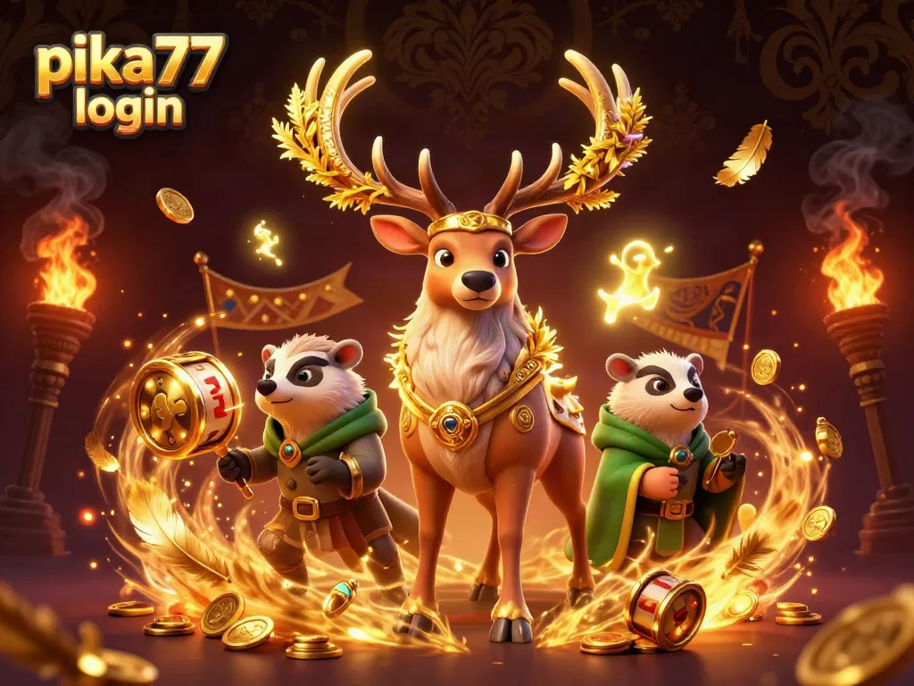 Pika77 login to a lively gaming scene featuring a druid stag, wise badger, and vibrant slot reels.