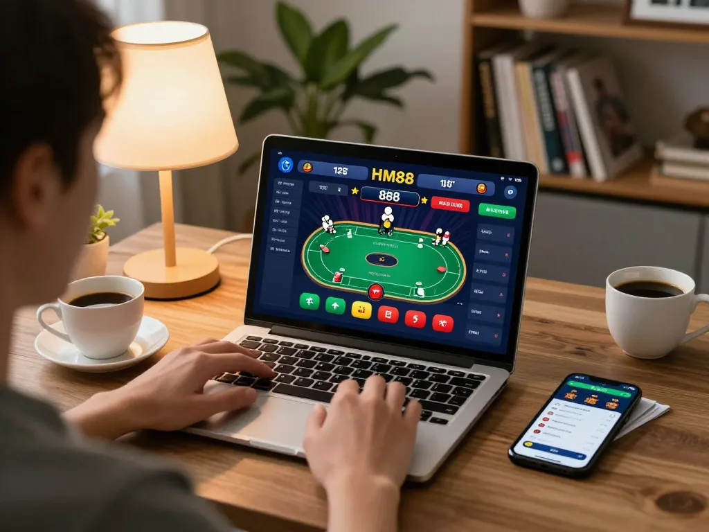 Engaging in HM88 bet gameplay on a laptop while enjoying a cozy home environment with coffee and strategy notes.