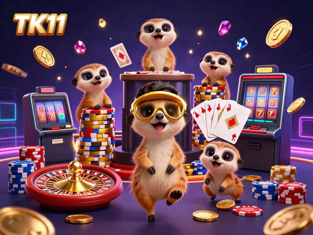 Experience TK11's lively casino scene with meerkats engaging in gambling activities.