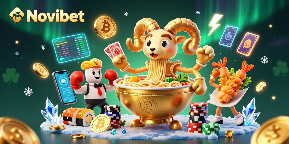 Engage with Novibet's vibrant casino scene, showcasing betting action, crypto elements, and playful characters.