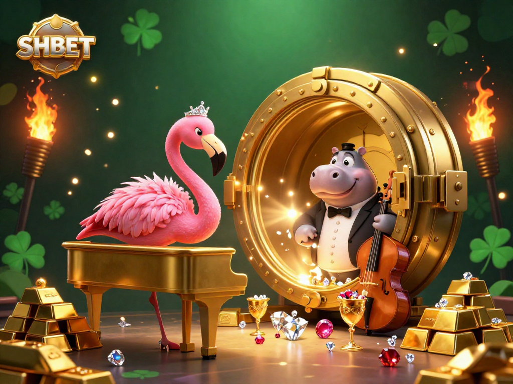 Experience the vibrant energy of SHBET with a lively casino scene featuring a flamingo singer and hippo bassist.