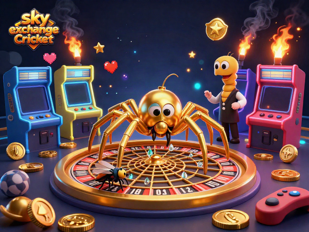 Place bets at sky exchange Cricket with golden spider and centipede dealer in vibrant casino scene.