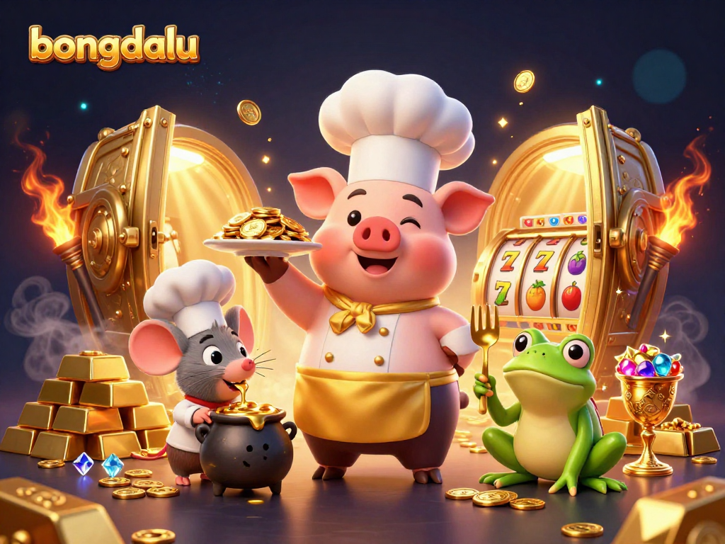 Bongdalu's vibrant casino scene featuring a chef pig, tasting sous-chef mouse, and critic frog amidst riches.