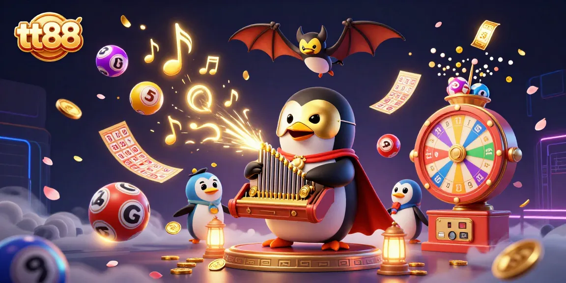 Experience thrilling wins at tt88 with ghostly music notes and golden coins from a mystical penguin.