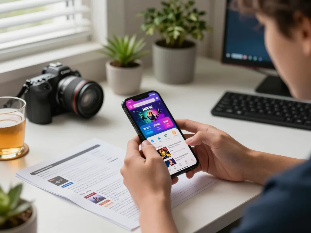 Playing NSFW games apk on a smartphone in a cozy home office, highlighting responsible gaming.