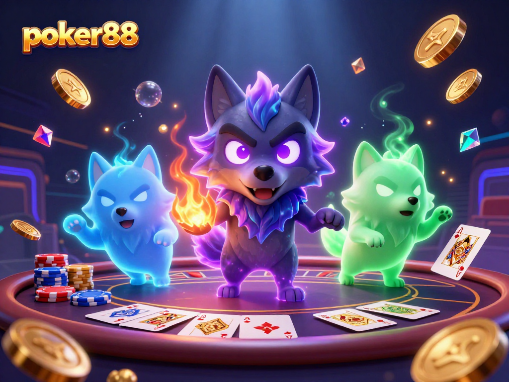 Poker88 menghadirkan ilustrasi kasino 3D dengan serigala hantu dan chip poker berkilau.