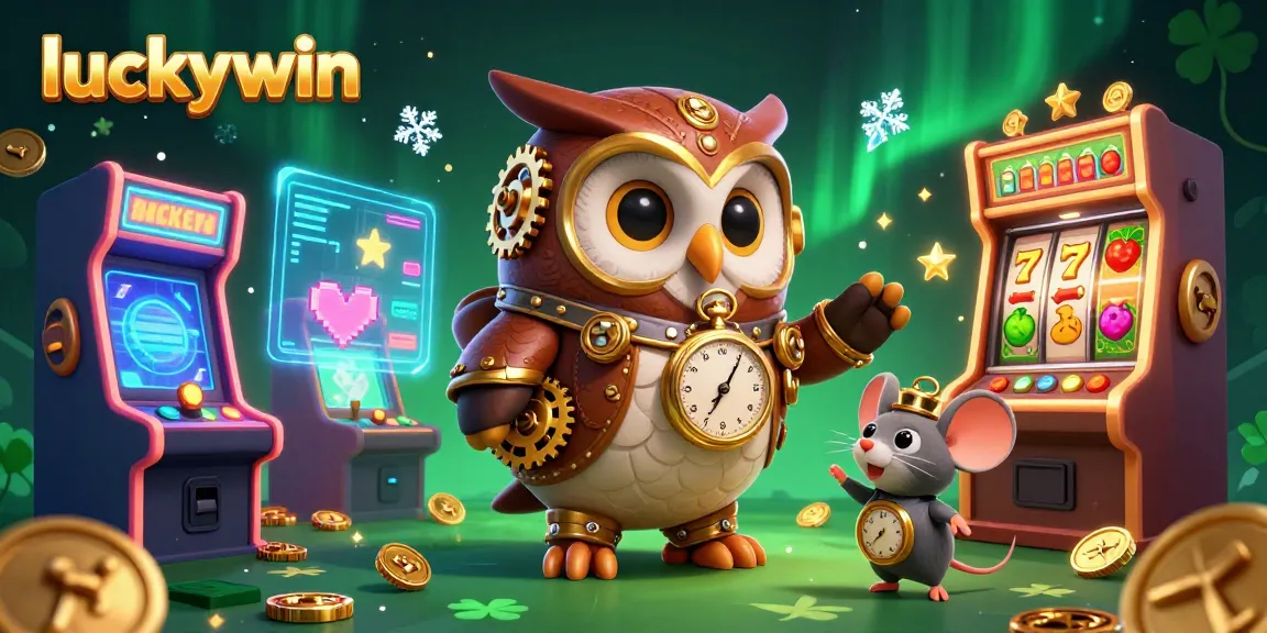 Engage with luckywin's vibrant 3D casino scene featuring a time-traveling owl and arcade games.