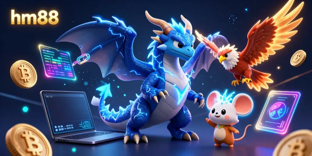 Experience the vibrant energy of HM88 with dynamic characters and crypto-themed casino elements.