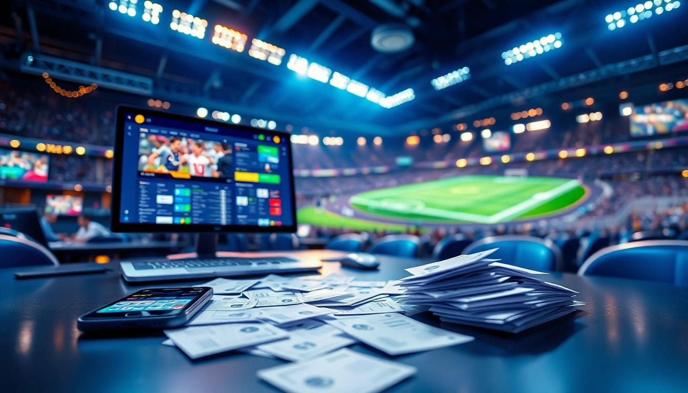 Engage in online Betting with a professional setup featuring sleek devices and live sports event displays.