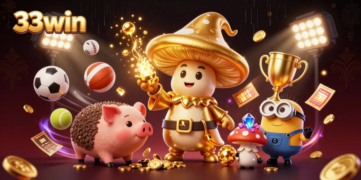 Experience the excitement of 33win with dynamic casino characters and vibrant gaming elements in an action-packed scene.