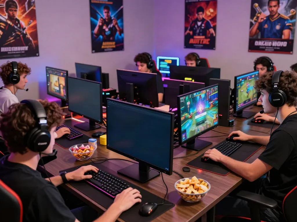 Gamer serius menggunakan platform nyonya4d login dalam suasana gaming dinamis dengan berbagai permainan online.