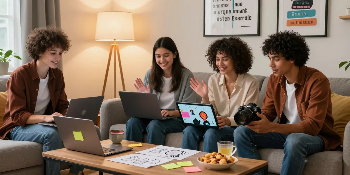 Friends engaging with spicy chat AI in a cozy home office scene with laptops.