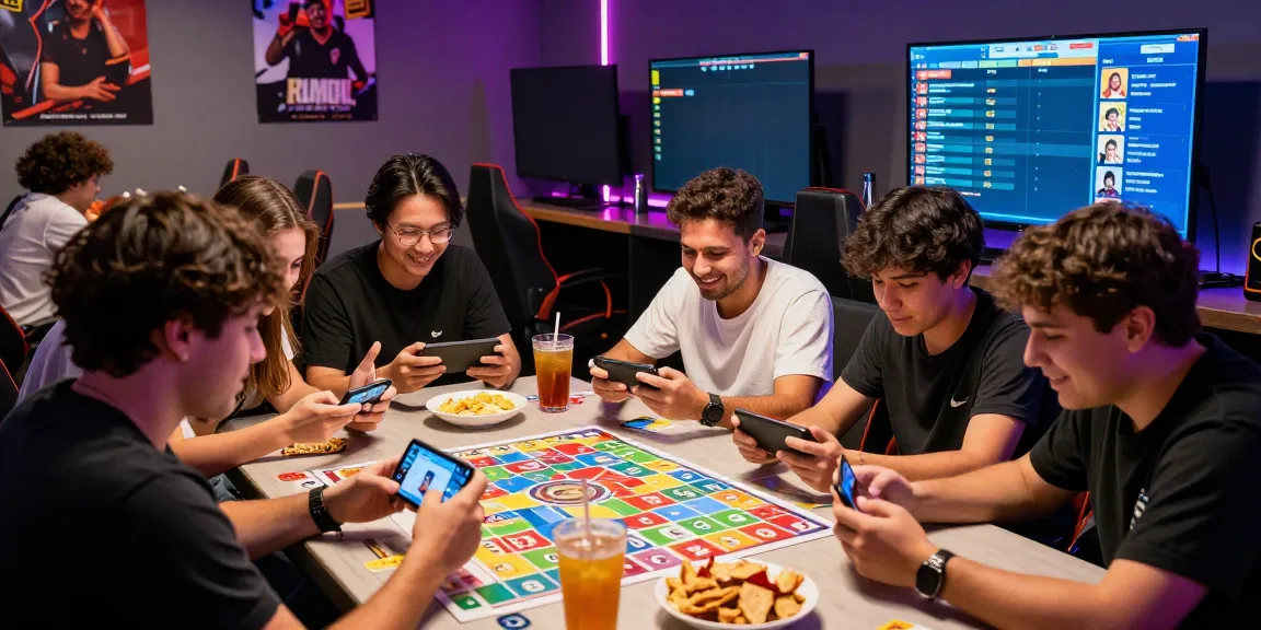 Friends enjoying Rumble Rummy in a lively gaming lounge, showcasing excitement and engagement.