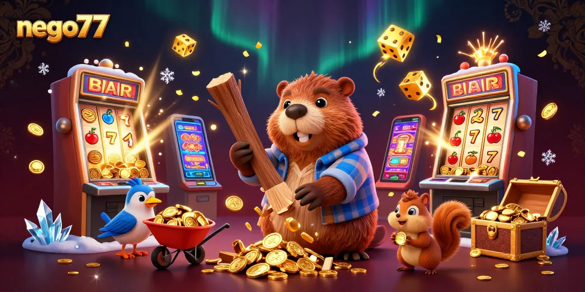 Nego77's vibrant casino scene features a beaver collecting coins, showcasing jackpot excitement.