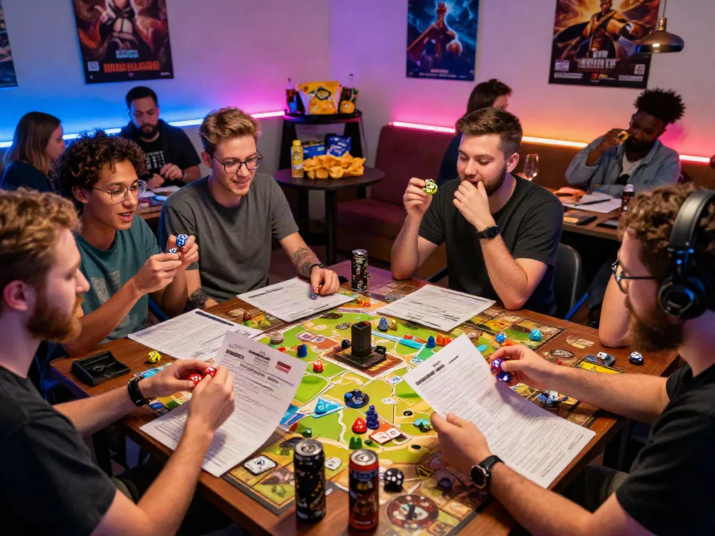 A diverse group of players enjoying an akunjp gaming session with detailed boards and vibrant atmosphere.