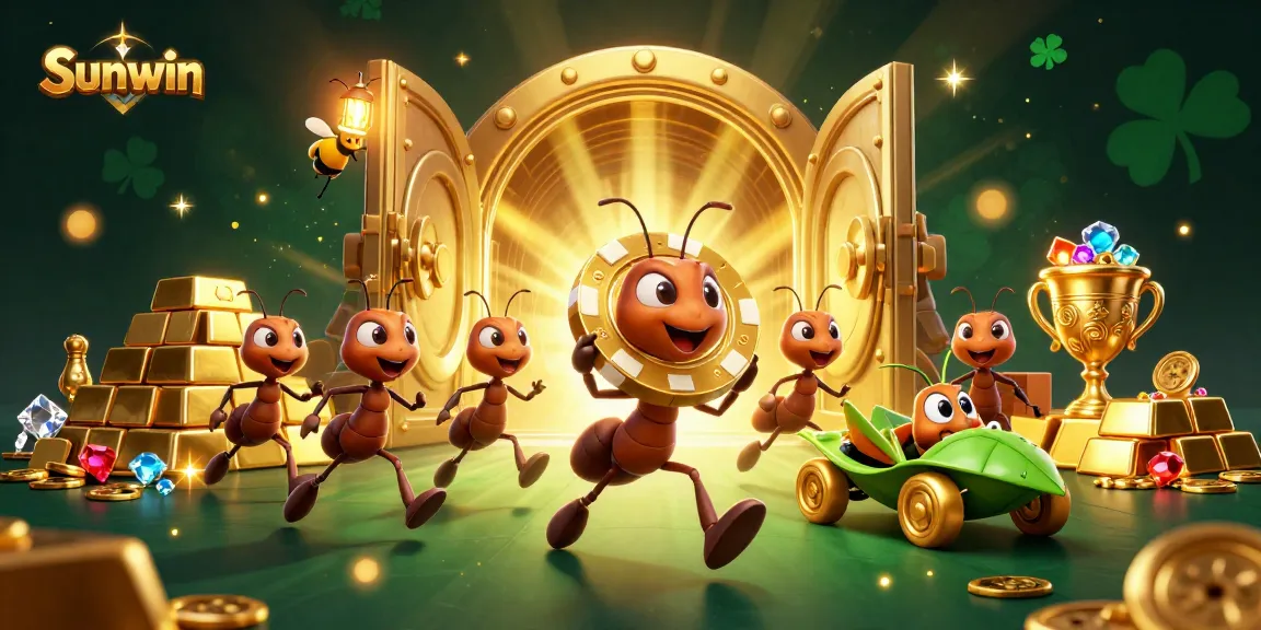 Sunwin-themed illustration depicting ants heisting a giant poker chip amidst sparkling casino treasures.