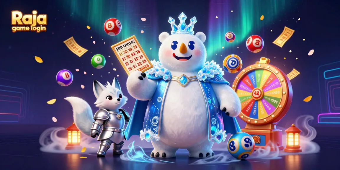 Engage with Raja game login featuring a vibrant casino scene with characters amidst spinning lottery elements.