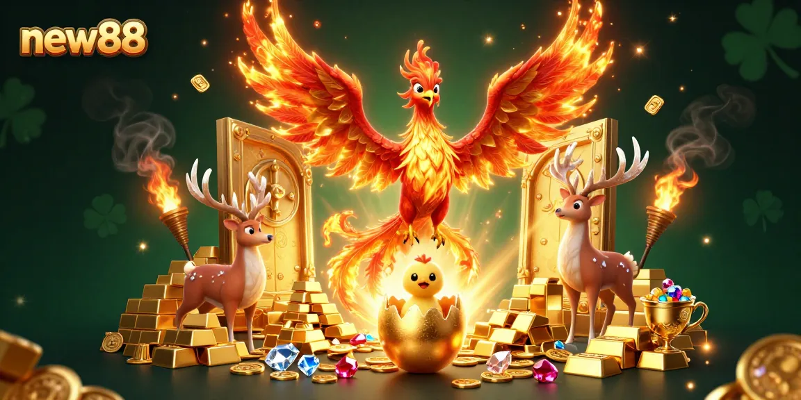 Play exciting games like new88 with vibrant 3D illustrations featuring stunning phoenix and treasure elements.
