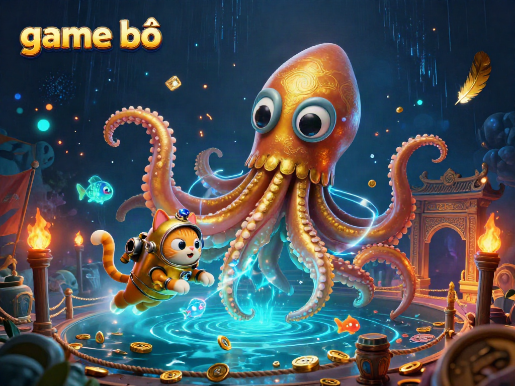Engage in the thrilling world of game bài with an ultra-detailed 3D kraken and diving cat surrounded by vibrant casino elements.