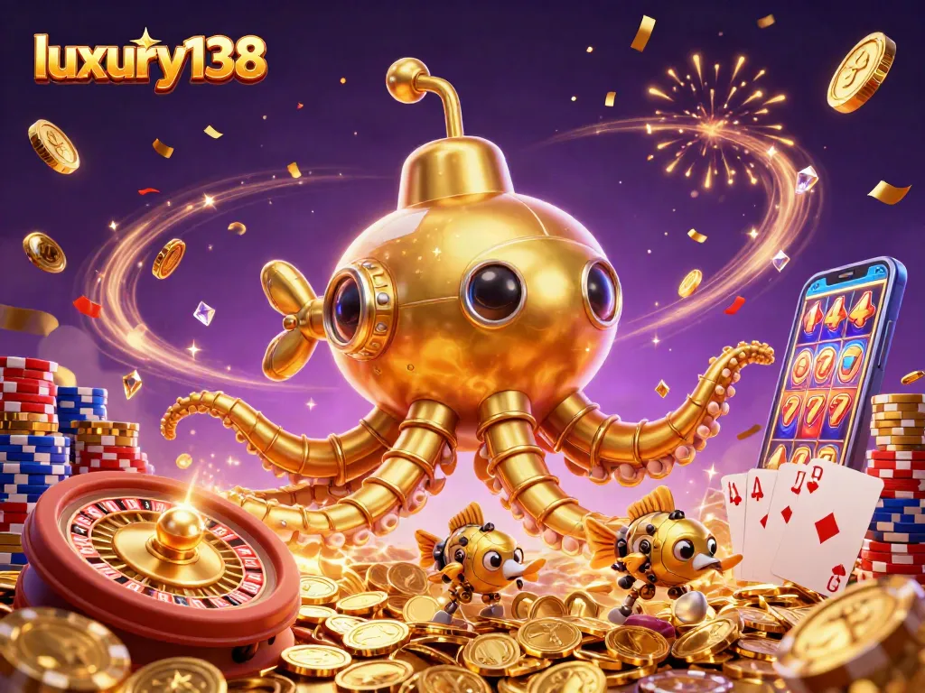 Spin to win on luxury138 with vibrant casino-themed 3D art featuring slots, poker, and more.