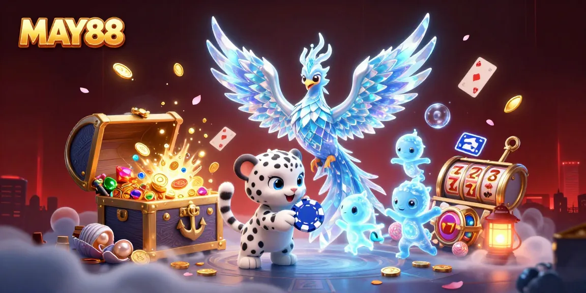 MAY88 showcases an enchanting 3D casino scene with ice phoenix and vibrant game elements.