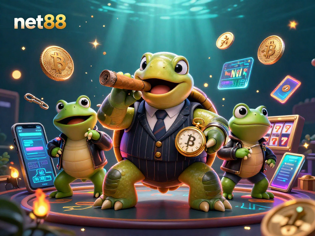 Engage with net88 at the vibrant casino scene featuring a mobster turtle and crypto themes.