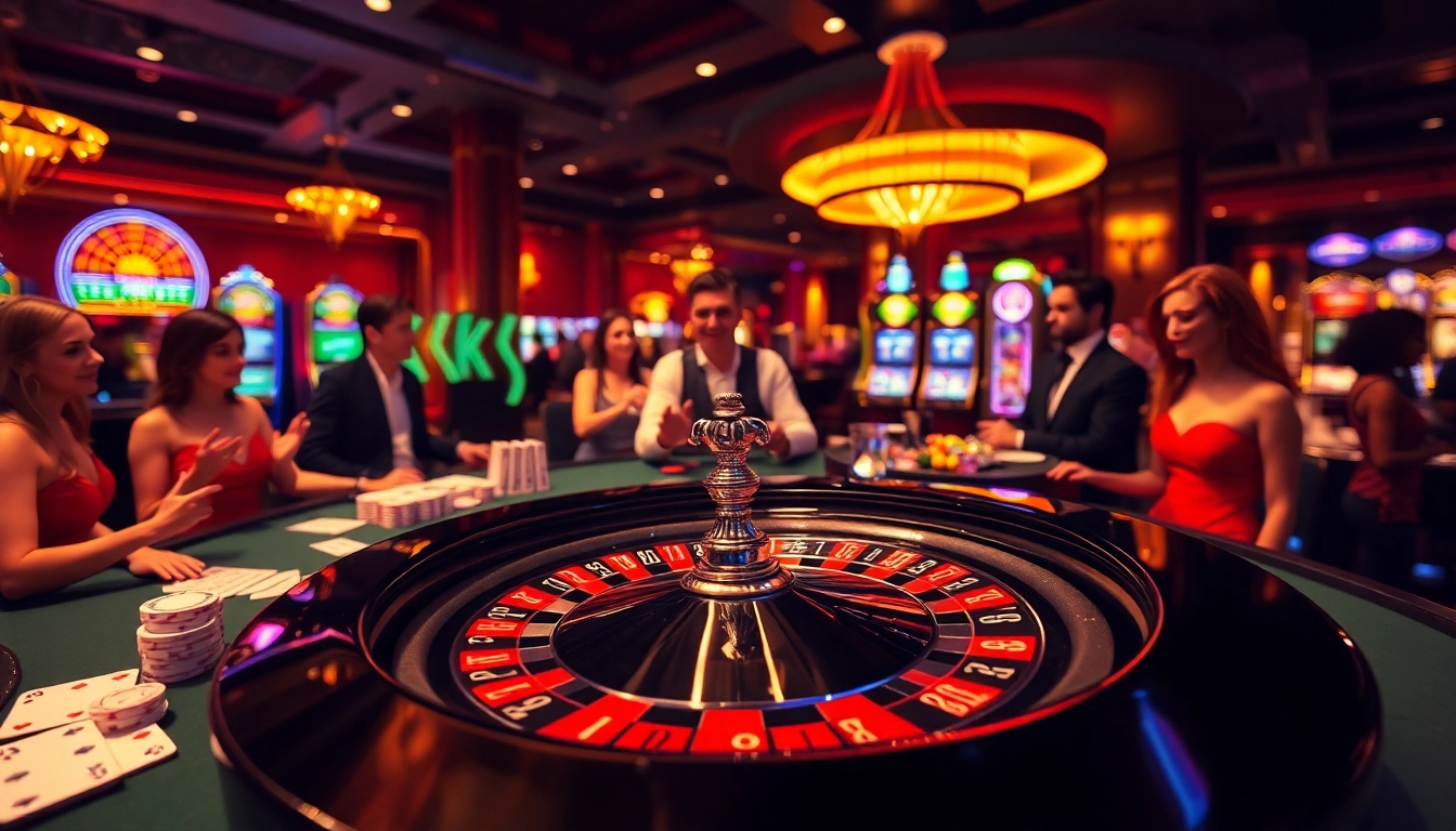 Luck8 players enjoying a thrilling roulette game with vibrant casino elements.
