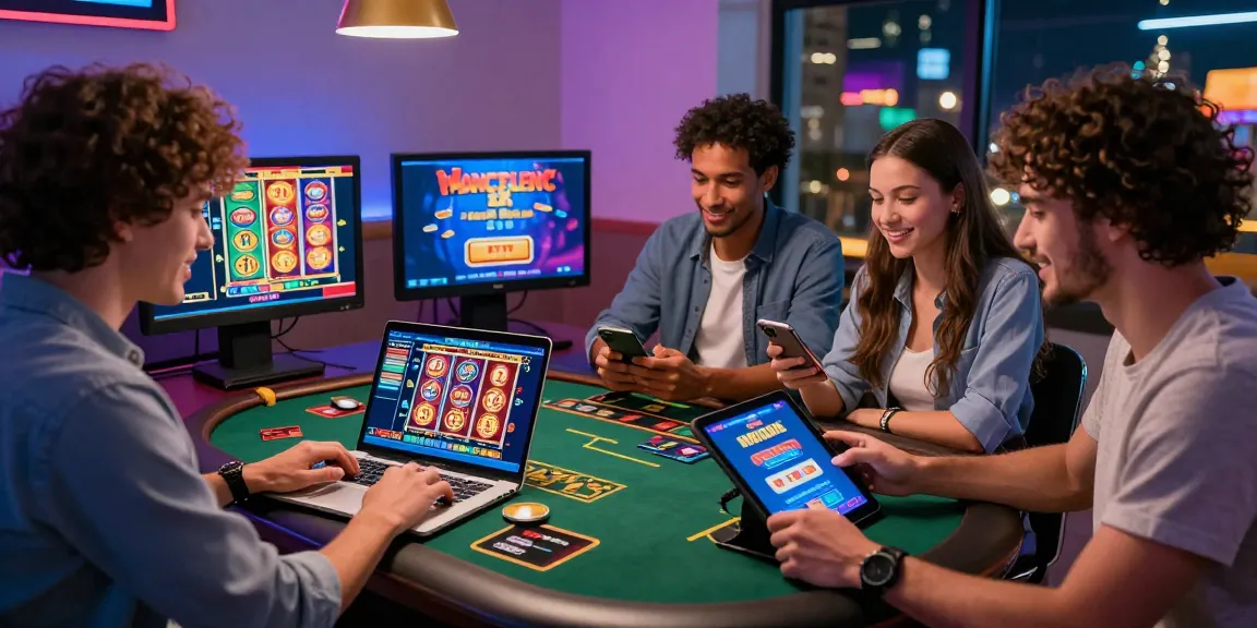 Friends enjoying a vibrant online casino experience at https://eviz.org.uk, exploring credit card gaming options with laptops and tablets.
