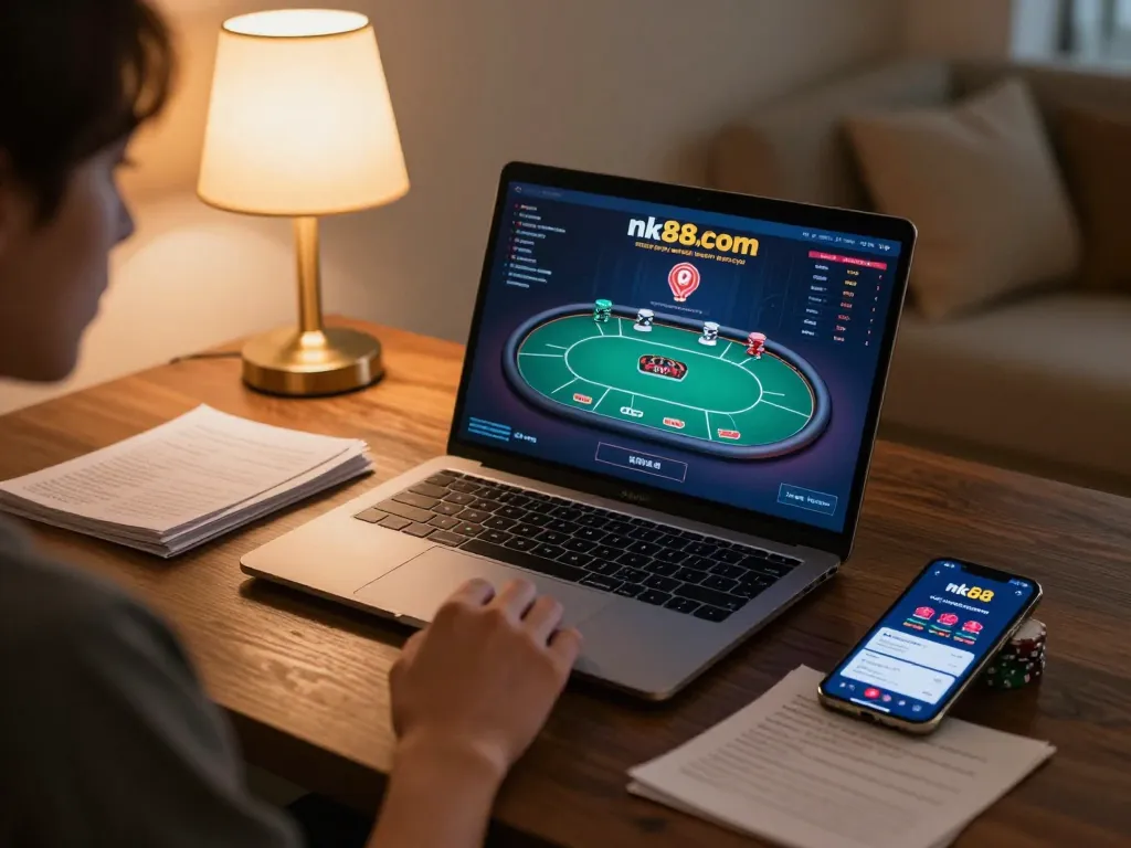 Player strategizing on nk88 com poker game while enjoying a cozy home environment.