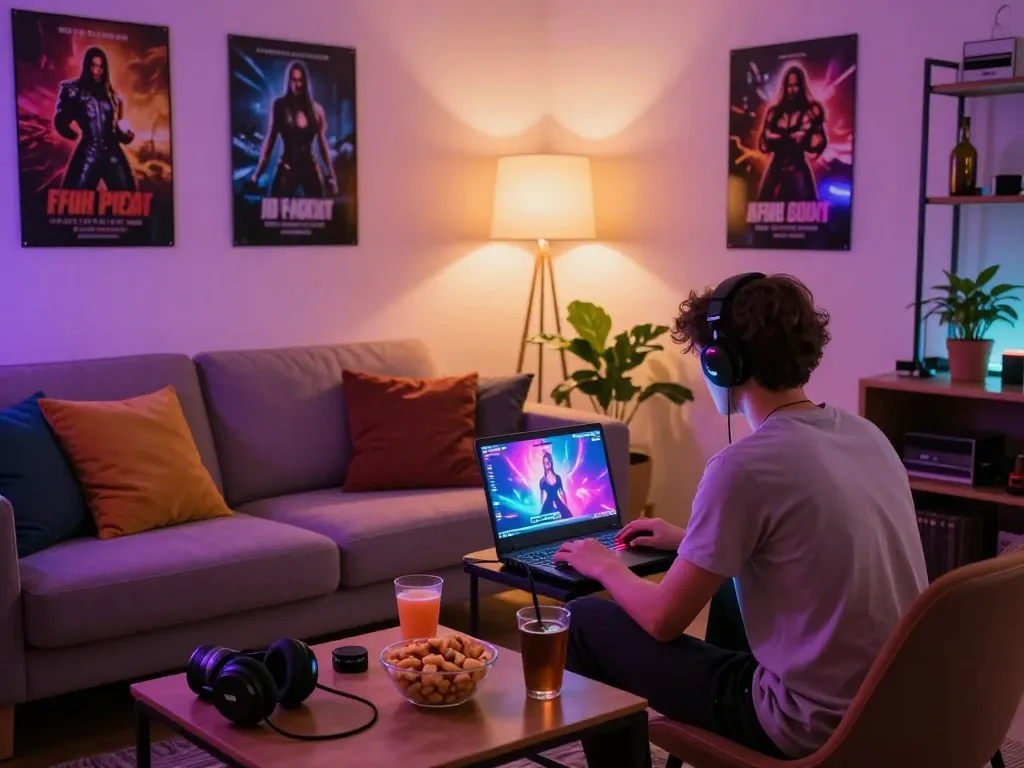Engaged player immersed in a vibrant sex game on a laptop in a cozy living room.