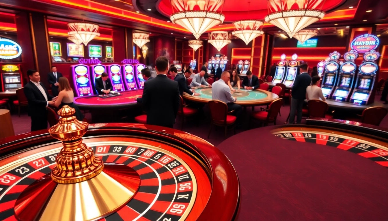 Players immerse in exciting casino action at hay88 with vibrant tables and roulette wheels.