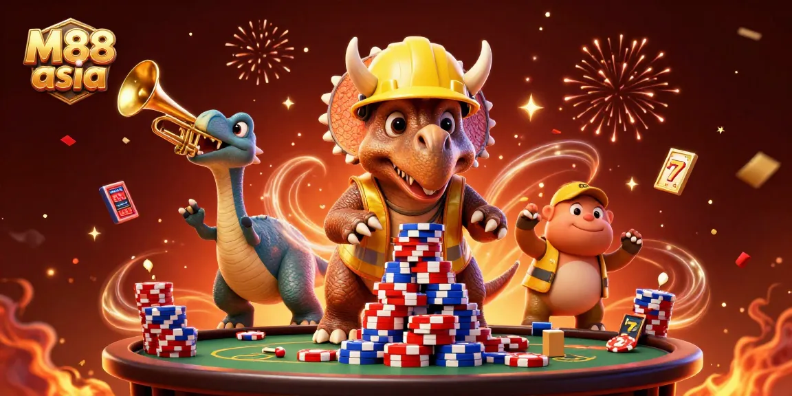 Join the excitement at M88 asia with vibrant casino characters celebrating wins and betting!