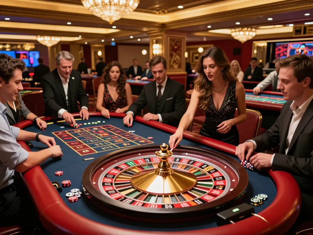 Players betting on roulette at tg88 casino, vibrant gaming atmosphere with anticipation and excitement
