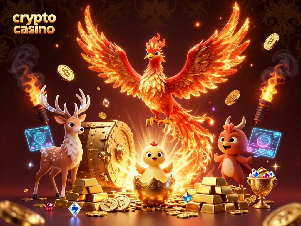 Experience thrills in a vibrant crypto casino scene with a phoenix, baby chick, and stag.
