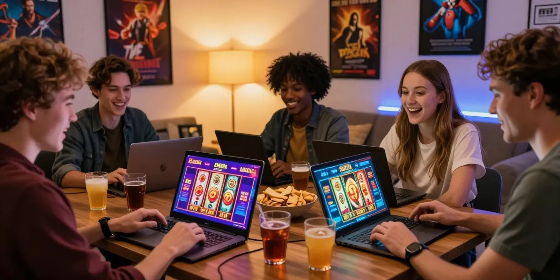 Friends enjoying new online casinos UK in a lively living room setting with gaming devices.