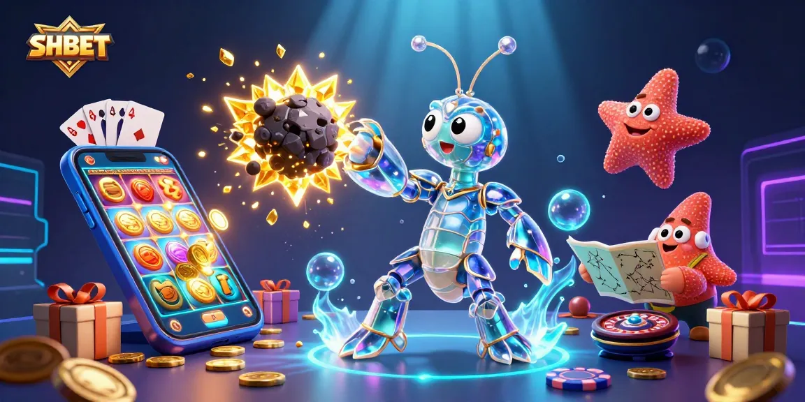 Engaging scene showcasing SHBET with a galactic samurai mantis shrimp amidst gold coins and gaming elements.