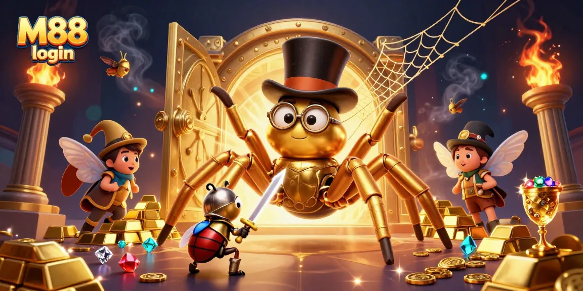 M88 login and play poker with a giant golden tarantula, a brave beetle knight, and moth spectators.