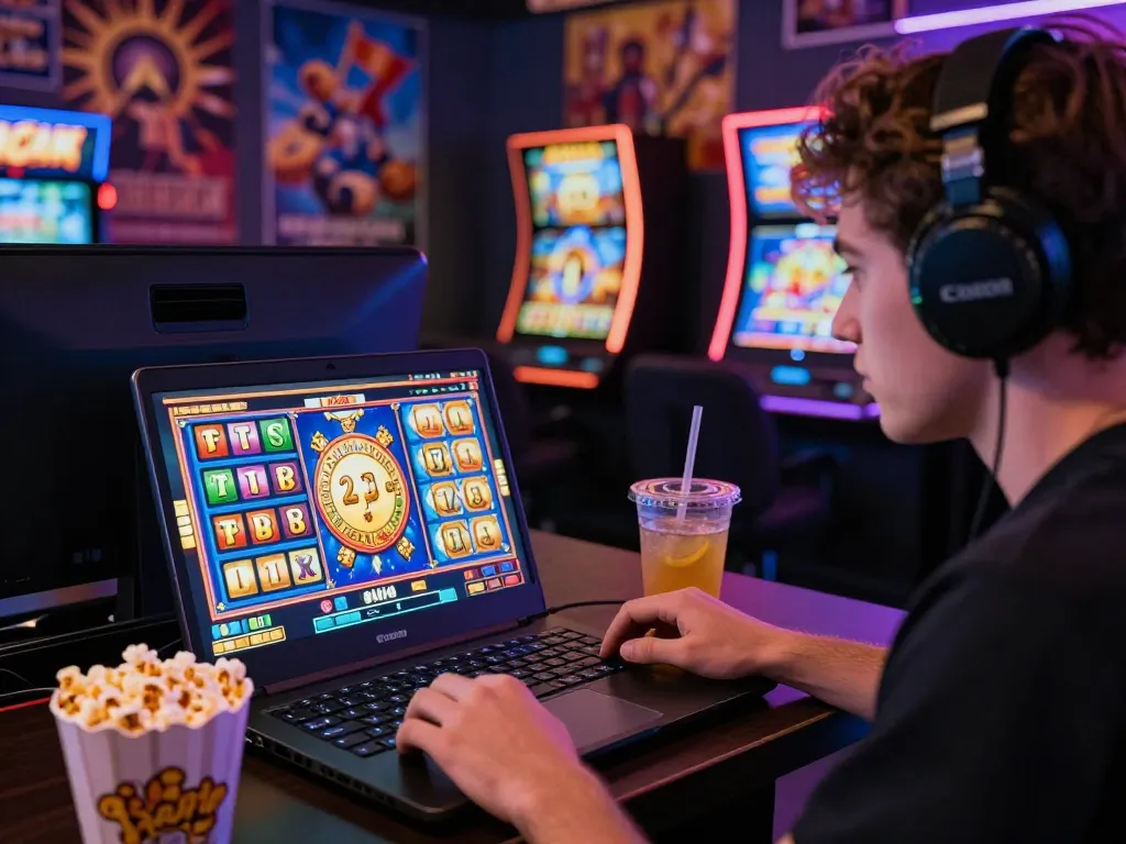 Pemain terlibat dalam permainan situs slot gacor online dengan visual yang cerah dan camilan di pengaturan yang dinamis.