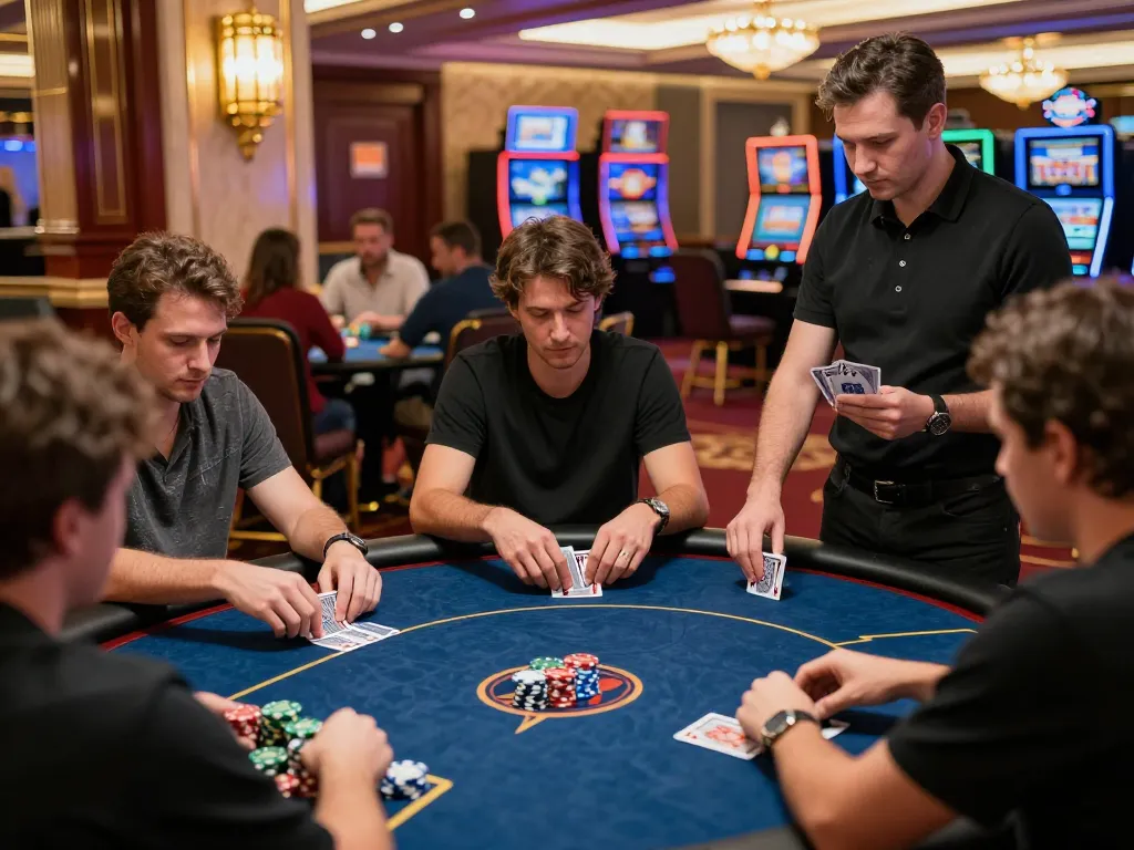 Permainan poker berisiko tinggi yang menarik, merangkum strategi demo PG Soft Lengkap dengan interaksi pemain yang intens dan fokus dealer.