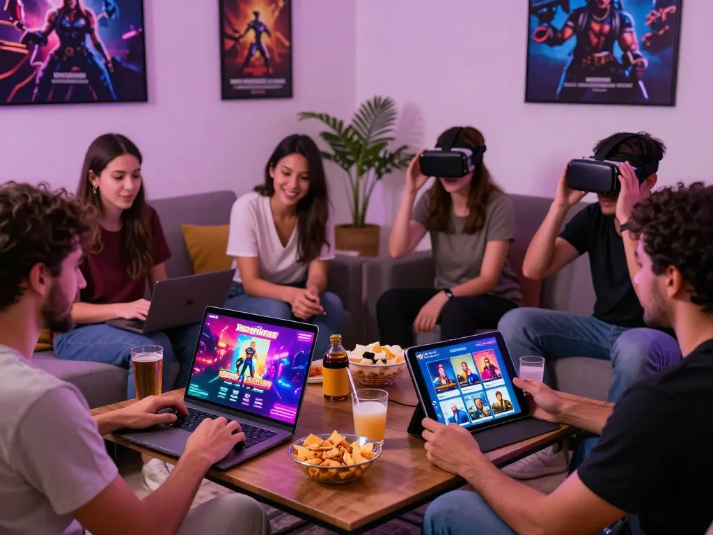 Adults enjoying a porngame in a vibrant gaming setup with interactive devices.