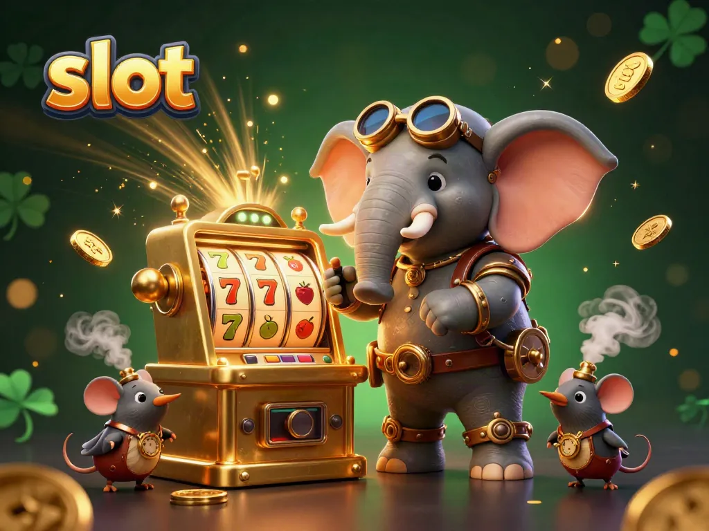 Engage in a vibrant slot adventure with a steampunk elephant operating a golden machine.