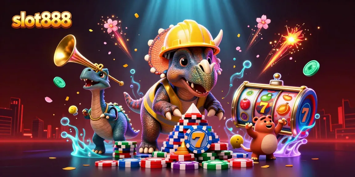 Menggandakan slot888 dengan dinosaur besar membangun kasino ceria di tengah koin dan kembang api.