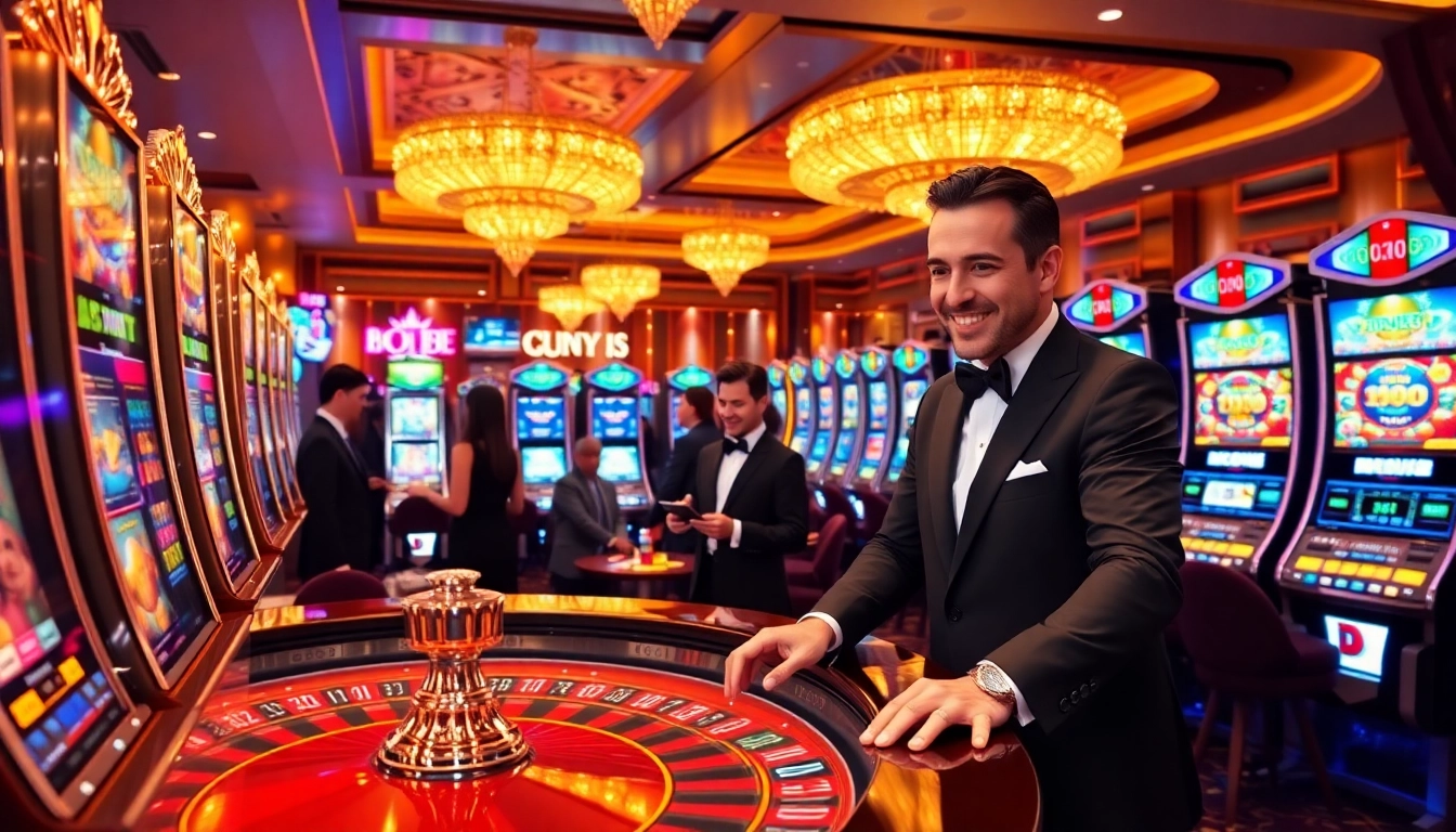Captivating scene showcasing the excitement of bro138 login at a luxury casino filled with vibrant slot machines and tables.