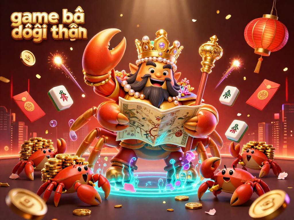 Engage in game bài đổi thưởng with a lively scene including a golden crab emperor, mahjong tiles, and vibrant casino elements.