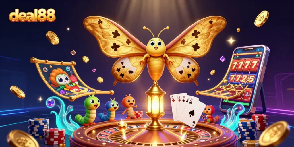 Engage with deal88's vibrant casino adventure featuring a regal moth amidst gold coins and gaming elements.