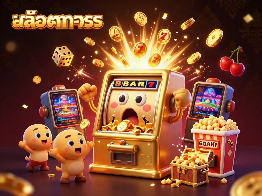 Experience the excitement of สล็อตทดลอง with this illustration of a jackpot-winning slot machine surrounded by cheerful friends.