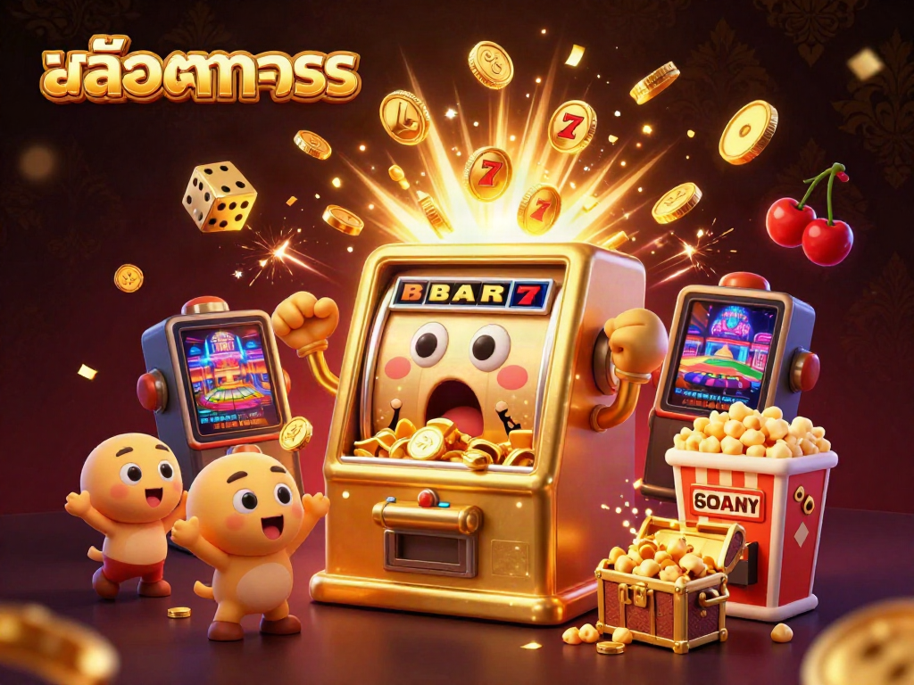 Experience the excitement of สล็อตทดลอง with this illustration of a jackpot-winning slot machine surrounded by cheerful friends.